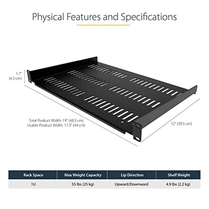 StarTech 1U Vented Cantilever Shelf, 12in, 55lb, 25kg (SHELF-1U-12-FIXED-V) | Universal 19in EIA-310 fit, 30.5cm depth, 2.0mm SPCC steel, Network equipment rack, Cabinet, Tray - size: 12", style: single