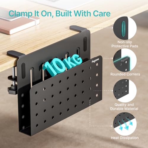 PEGZONE Desk Side Storage Organizer, No Drill Under Desk Laptop Holder, Clamp on Desks Shelf with Pegboard Accessories, Hanging Laptop Mount, Fits Flat Edge 0.4" to 2.2", Black - color: Black