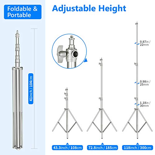 NEEWER 118"/3m Stainless Steel Light Stand, Spring Cushioned Heavy Duty Photography Tripod with 1/4" to 3/8" Universal Screw Adapter for Strobe, LED Video Light, Ringlight, Monolight, Softbox - style: ST-300SS