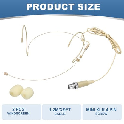 MECCANIXITY Ear Hook Headset Microphone, Double Over Ear Set Hanging Omnidirectional Wired Audio Condenser Microphone Headset with Mini XLR 4 Pin Screw Plug 3.9ft Cable, Beige - color: Beige, style: Mini XLR 4 Pin Screw Plug