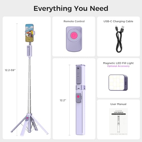 Funme 59'' Auto Face Tracking Tripod, 360° Rotation Selfie Stick for iPhone & Android with Wireless Remote, No App Required, Gesture Control for Vlog - color: Purple