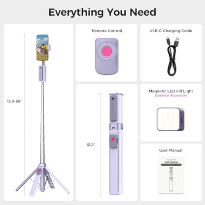 Funme 59'' Auto Face Tracking Tripod, 360° Rotation Selfie Stick for iPhone & Android with Wireless Remote, No App Required, Gesture Control for Vlog - color: Purple