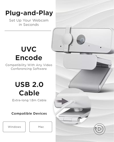 Lenovo HD 1080p Webcam (300 FHD) - Monitor Camera with 95° Wide Angle, 360° Rotation Pan & Tilt, Dual Microphones – Attachable Desktop Cam with Privacy Shutter for Remote Work, Streaming & Gaming - color: Cloud Gray, style: 300 FHD