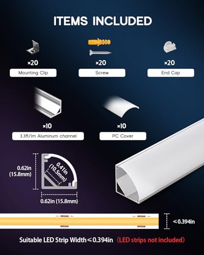 10Pack 3.3FT/1M LED Aluminum Channel V Shape with Milky White Cover Lens for 8/10mm LED Strip Lights,LED Diffuser Channel Even Glow for Living Room,Stairs,Kitchen,Cabinet - size: V Shape ≤10mm Width Led