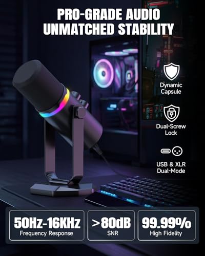 AOC USB/XLR Dynamic Microphone for PC Gaming & Podcasting, Dual-Mode Studio Streaming Mic with RGB Light, Quick Mute, Volume/Gain Control Knob, Heavy-Duty Desk Stand, Type-C & XLR Cables Included