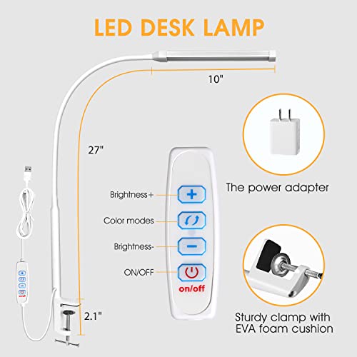 Voncerus LED Desk Lamp with Clamp, Eye-Caring Clip on Lights for Home Office, 3 Modes 10 Brightness, Long Flexible Goose-Neck, Metal, Swing Arm Architect Task Table Lamps with USB Adapter, White - color: S1 White and Silver