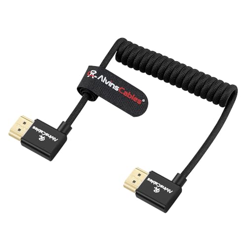 Alvin's Cables 8K 2.1 HDMI High Speed Braided Coiled Cable Right Angle to Right Angle for Atomos Ninja V, Portkeys BM5, for Feelworld Monitor, for Canon C300, Z CAM E2, Sony FS5| FS7| A7S3 Cameras - color: Black, size: Right to Right Angle
