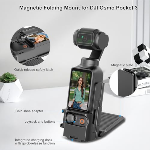 PULUZ Folding Magnetic Mount Stand for DJI Osmo Pocket 3 Accessories,Upgraded Pocket3 Accessories Portable Desktop Tripod Stand,180°Adjustable Handle & Case,Vlogging Accessories (Black)