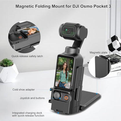 PULUZ Folding Magnetic Mount Stand for DJI Osmo Pocket 3 Accessories,Upgraded Pocket3 Accessories Portable Desktop Tripod Stand,180°Adjustable Handle & Case,Vlogging Accessories (Black)