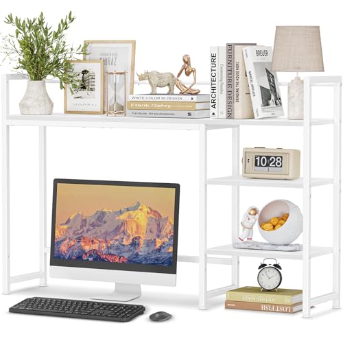 Snughome Desk Shelf, 44.9" Large Desktop Organizer Shelf, Desk Hutch for Monitor, 4 Tier Display Rack, Wooden Desktop Bookshelf Storage Rack for Home Office Dorm - color: White, size: 44.9"