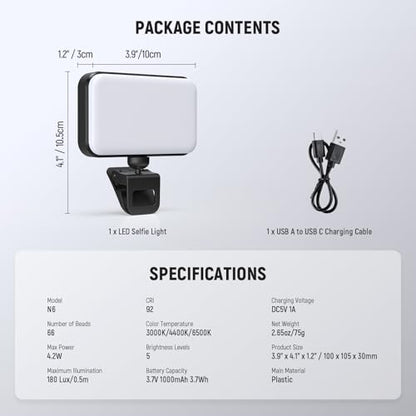 NEEWER Entry Level Version LED Selfie Light, Plastic Clip on Phone Fill Lighting for iPhone, 66 LEDs CRI92 Portable for Computer Laptop Webcam Zoom Video Conference Makeup Recording Streaming, N6