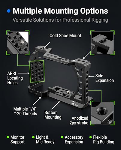 Full Camera Cage for Sony A6400, A6100, A6300, A6500, A6600, CNC Aluminum Camera Rig Cage with 1/4"-20 & 3/8"-16 Mounting Points, ARRI Locating Holes, Cold Shoe