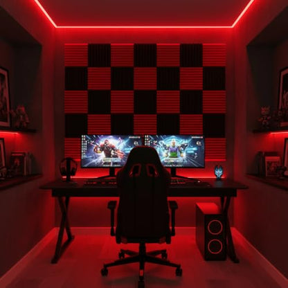 52 Pack Black red 1" x 12" x 12" Acoustic Wedge Studio Foam Sound Absorption Wall Panels - color: BLACK RED