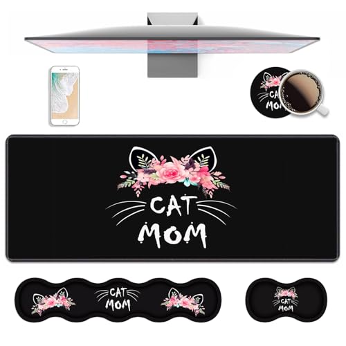4 in 1 Ergonomic Keyboard Wrist Rest & Mouse Pad Wrist Rest Set, Large XXL Gaming Desk Mat 31.5"x 11.8" with Non-Slip Base, Memory Foam for Home Office Study Gaming, Cat Mom Floral - color: Cat Mom Floral