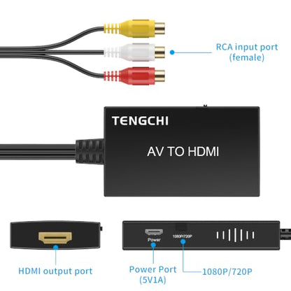 Tengchi RCA to HDMI Converter, Composite to HDMI Adapter Support 1080P PAL/NTSC Compatible with PS one, PS2, PS3, STB, Xbox, VHS, VCR, Blue-Ray DVD Players