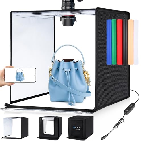 Photo Box, PULUZ 24"x24" Photo Studio Light Box for Photography Portable Large Lightbox Photo Booth Kit with 6 Colors Photo Backdrops-Dimmable 120pcs LED Beads, 5500K Lighting, US Plug - size: 24"x24"