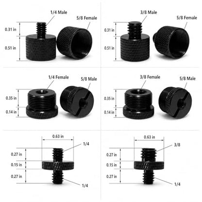16 Pack Mic Stand Adapter Screws with Extension Tube, Microphone Stand Adapter Kit, Black Aluminum Alloy, 5/8 to 3/8, 3/8 to 5/8, 1/4 to 5/8 Threaded Mount for Mic Boom Arm, Tripod & Fill Light