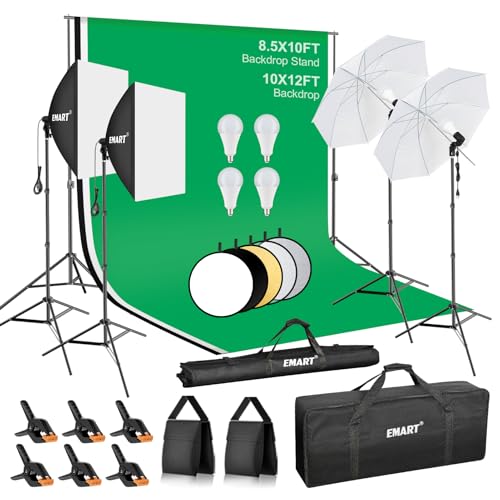EMART 8.5 x 10 ft Backdrop Support System, Professional Photography Lighting Kit with 50W LED Blub, Reflector, 10*12ft Backdrop *3, Umbrellas&Softbox Lighting Kit for Studio, Portrait, Video Shooting