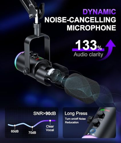 Dynamic Gaming Microphone | USB/XLR Dual Mode | RGB Boom Arm Mic Kit with One‑Touch Mute, Headphone Monitor, Gain Control | for Streaming, Podcast, PC, PS4/PS5, Recording