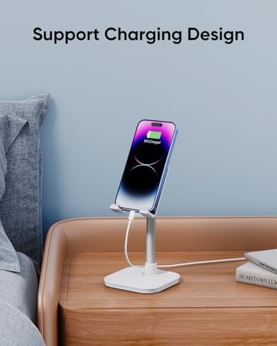 Cell Phone Stand, Adjustable Height Phone Stand for Desk, Eye Level Desktop Phone Holder Compatible with iPhone, Pro Max, Samsung, and All Mobile Phones up to 10'' - color: White
