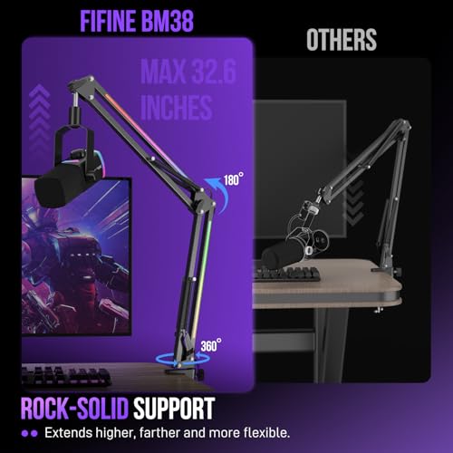 FIFINE Microphone Boom Arm, Metal Adjustable Mic Arm Stand with RGB Control, 3/8” to 5/8” Screw Adapter, Desk Mount Clamp, Suspension Scissor Mic Stand for Gaming Streaming Podcast-AmpliGame BM38 - color: Black