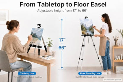 RRFTOK Silver 2 Pack 17-66 Inch Art Easel Stand for Painting and Sign | Two portable aluminum tripod easels for display stand, canvas holder, adults, floor, sign and poster stand use - style: 66S 2pack