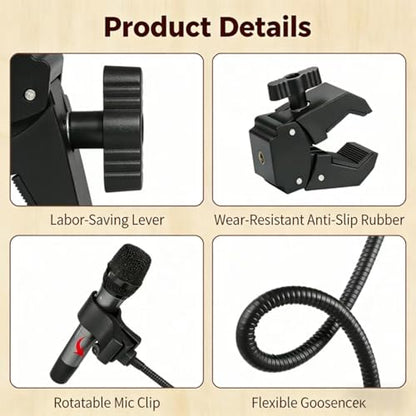 Microphone Stand Gooseneck11.8”/30cmMic Stand Desk With Adjustable Mic Clip & Super Crab Clamp,Heavy-Duty Desk Mount, for Podcasting, Streaming, Podium & Public Speaking.Flexible Gooseneck Mic Mount