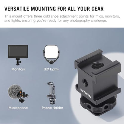 Triple Cold Shoe Mount Cold Shoe Adapter, Aluminum Camera Hot Shoe Extension Bracket with 3 Port Cold Shoe Mounts for Camera Cage Flash LED Light Monitor Microphone (62028)
