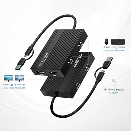 ACASIS USB C to Dual HDMI DisplayLink Adapter, 4K@60Hz, 2 HDMI & 3 USB-A Ports, 100W PD Charging, USB C DisplayLink Docking Station for Mac M1/M2/M3/Windows,USB A/C to Dual Monitor Adapter (Black) - color: Black