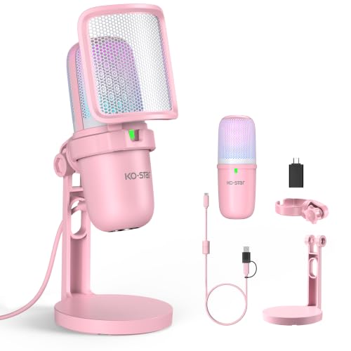 RGB USB Microphone, Pink Gaming Mic for PC, PS5, Laptop, Phone, Condenser Mic with Touch Mute, Pop Filter, Cardioid Pickup, Plug & Play for Streaming, Podcast, Recording, Gaming - color: Pink