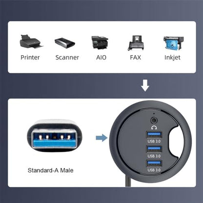 Cablecc 3 Port USB 3.0 Hub Sound Card USB Splitter 60mm Desk Grommet Dock Station Headphone Mic Audio Interface for Desktop PC(USB 3.0 and 3.5mm Audio Port) - style: 3USB+3.5mm audio