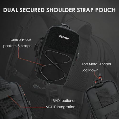 TARION Backpack Strap Pouch with POV Camera Mount, MOLLE Phone Holder | Water-repellent shell, waterproof zipper, detachable crossbody strap for biking hiking travel & POV vlog fits Pro Max phones
