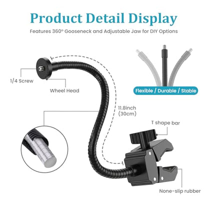 Gooseneck Clamp Camera Mount with 1/4" Screw, Clip Mounts for Handlebar, Desk, Tube, Cross Bar, Flexible 30cm Gooseneck Arm, Compatible with Go Pro, Ring, Google Nest, Wyze, and Arlo - size: 11.8"