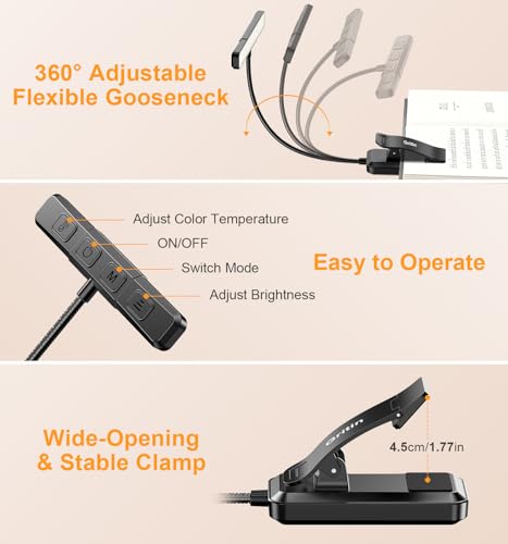 Gritin 2026 Gen 2 Book Light for Reading- 32 Eye Caring Full Spectrum LED | 5 Colors & 5 Brightness, Adjustable Wide/Narrow Beam, Upgrade 1500mAh Long-Lasting Rechargeable Clip on Light for Book Lovers - color: Black