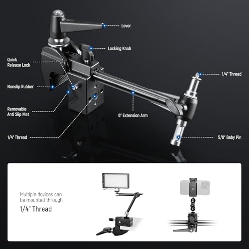 NEEWER Super Clamp with 6" Extension Arm, 5/8" Stud, 2.4" Jaw Grip Heavy Duty Crab Pole Clamp for Round Pipe Flat Surface,for Photography Studio Camera Lighting Mounting, Max Load 33lb/15kg - style: UA048