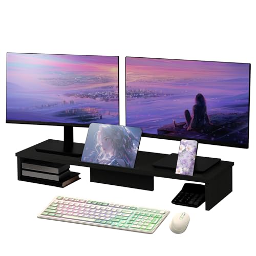 Dual Monitor Stand Riser with Phone Tablet Holder, 35.8in Large Monitor Stand for Desk, Computer Monitor Stand for 2 Monitors, Desk Shelf for Top of Desk, Desktop Organizer for Laptop, Printer, TV - color: 35.7" Black