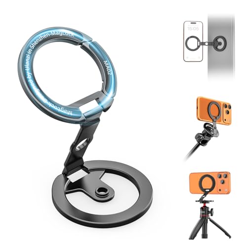 ULANZI MA02 Dual Magnetic Phone Holder for Gym, Gym Phone Mount for MagSafe/iPhone 17-12, Foldable Phone Tripod Mount with 1/4" Screw for Gym, Workout, Kitchen or Any Metal Surface, Black - color: Black