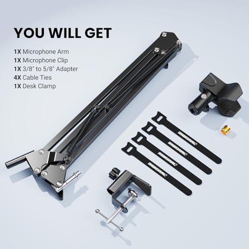 Microphone Arm Stand,Heavy Duty Adjustable Suspension Boom Scissor Microphone Stand with Clamp Clip & 3/8" to 5/8" Adapter and Cable Ties for Podcast, Streaming, Gaming, Recording
