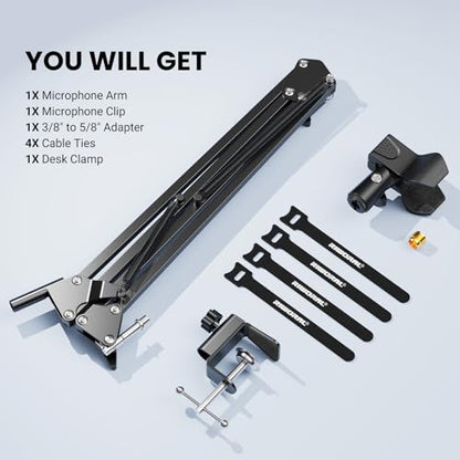 Microphone Arm Stand,Heavy Duty Adjustable Suspension Boom Scissor Microphone Stand with Clamp Clip & 3/8" to 5/8" Adapter and Cable Ties for Podcast, Streaming, Gaming, Recording