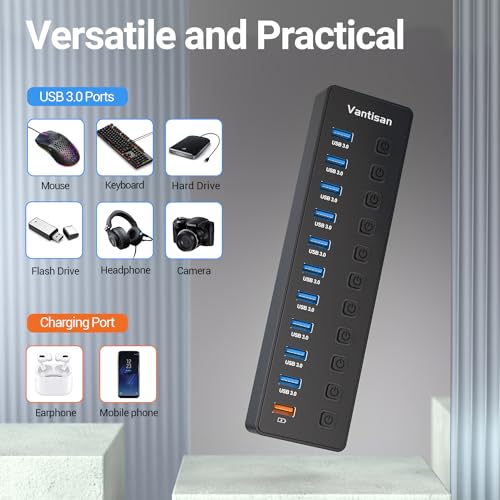 Powered USB Hub, 11-Port USB 3.0 Hub Splitter - 10 USB 3.0 Data Transfer Ports + 1 Smart Charging Port, USB Hub 3.0 Powered with Individual LED On/Off Switches and 5V/4A Power Adapter
