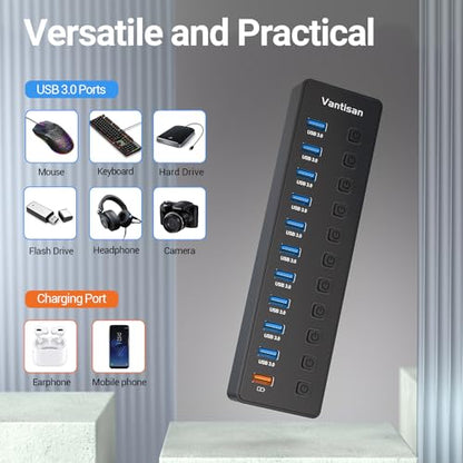 Powered USB Hub, 11-Port USB 3.0 Hub Splitter - 10 USB 3.0 Data Transfer Ports + 1 Smart Charging Port, USB Hub 3.0 Powered with Individual LED On/Off Switches and 5V/4A Power Adapter