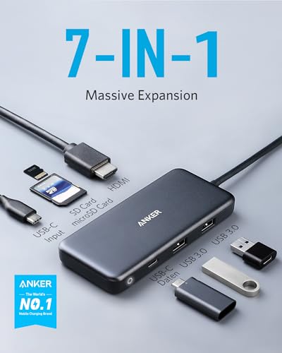 Anker USB C Hub, 7in1 Multi-Port USBC Hub with 4K HDMI, 85W PD, USB-C and 2 USB-A 5Gbps Data Ports, microSD and SD Card Reader, for MacBook Air, MacBook Pro, XPS, and More (Charger not Included) - style: 7 in 1 【1 HDMI】