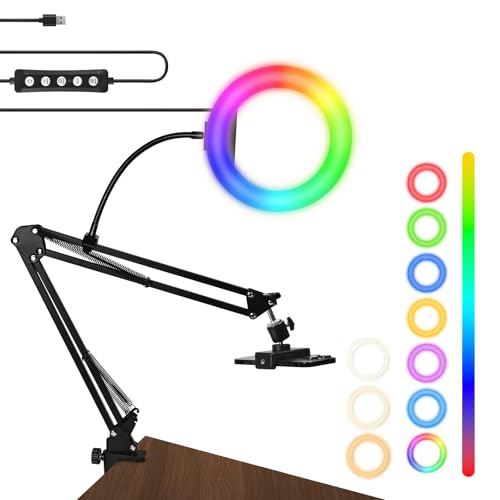8"" RGB Ring Light with Overhead Camera Mount Overhead Phone Mount with RGB Fill Light for Articulating Arm Phone Mount for YouTube Live Stream Cooking Nail Video Recording - color: 8"RGB
