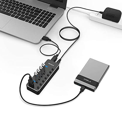 USB 3.0 Hub, RSHTECH 7 Port Powered USB Hub Expander Aluminum USB 3.0 Data Port hub with Universal 5V AC Adapter and Individual On/Off Switches USB Splitter for Laptop and PC(Black) - size: 518-2A