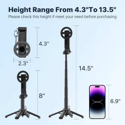 Magnetic Pocket Selfie Stick for iPhone, Lightweight Mini Selfie Stick Tripod with Detachable Remote, MagSafe Compatible, Foldable Extendable Phone Holder for Travel/Vlog/Video/Content Creators