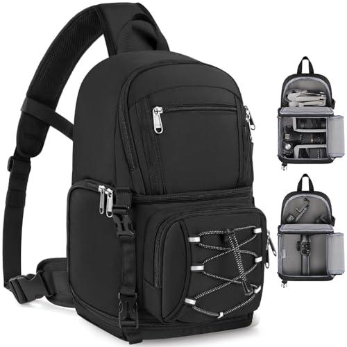 RAINSMORE Camera Bag Small DSLR & Mirrorless Camera Case for Photographers Waterproof Sling Crossbody Camera Bag with Removable Padded Insert & Tripod Holder for Canon/Nikon/Sony/Fuji, Black - color: Black