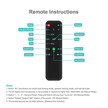 4K Pro Audio and Video Conference Room Camera with Remote Control for Windows TV, AI-Powered HD Webcam with Microphone & Speaker for Desktop Computer/PC/Monitor/Laptop/Teams/Zoom/Skype - color: Black