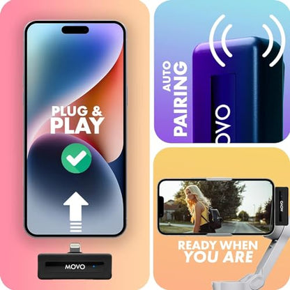 Movo Wireless Mini DI Duo Wireless Microphone - iPhone Video Recording Mic with Lavalier Mic, 10 HR Battery, 164FT Range