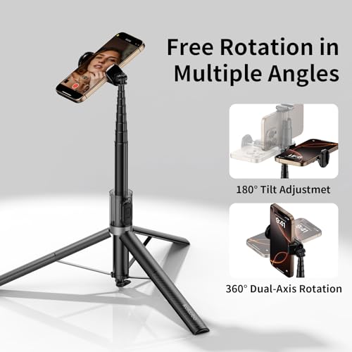 67'' Automatic Phone Tripod, Auto-Open Selfie Stick for iPhone with Remote, 360° Rotatable Extendable Phone Stand for Video Recording Vlog, Stable Travel Tripod Compatible with iPhone Android