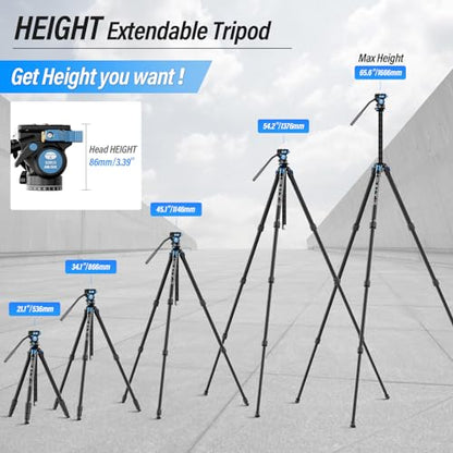 SIRUI AM-124 Carbon Fiber Tripod with AM-5VX Fluid Head, 65.6“ Compact Video Camera Tripod for Travel, Triangular Center Column, Side Loading QR Plate, Waterproof Twist Lock, Loads 6.6lbs - size: 65.6 inches